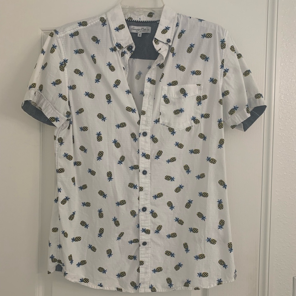 Men’s Sovereign Code White and Blue Casual Button Down Shirt with Pineapples